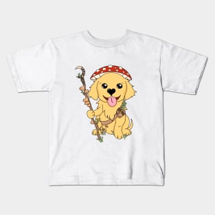 Golden Retriever Mushroom Druid | DND Dog | Fantasy Art | Red Mushroom Kids T-Shirt